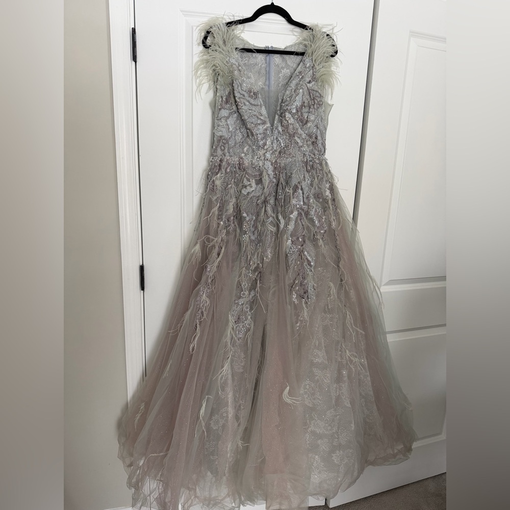 MacDuggal Seamist Feathered Embroidered Gown - Size 10 - Picture 6 of 15